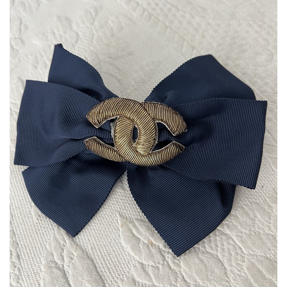 Vintage 1990's Chanel Bow Ribbon Blue Barrette Hair Clip Made in France